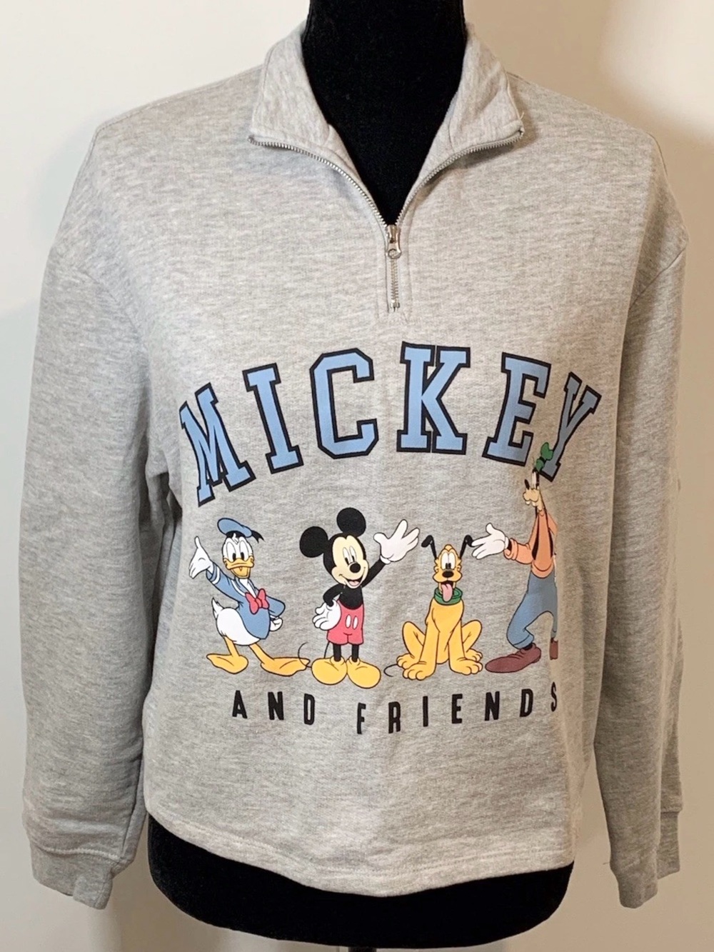 Disney Mickey & Friends Gray Cropped Quarter Zip Sweatshirt M Vintage Graphic